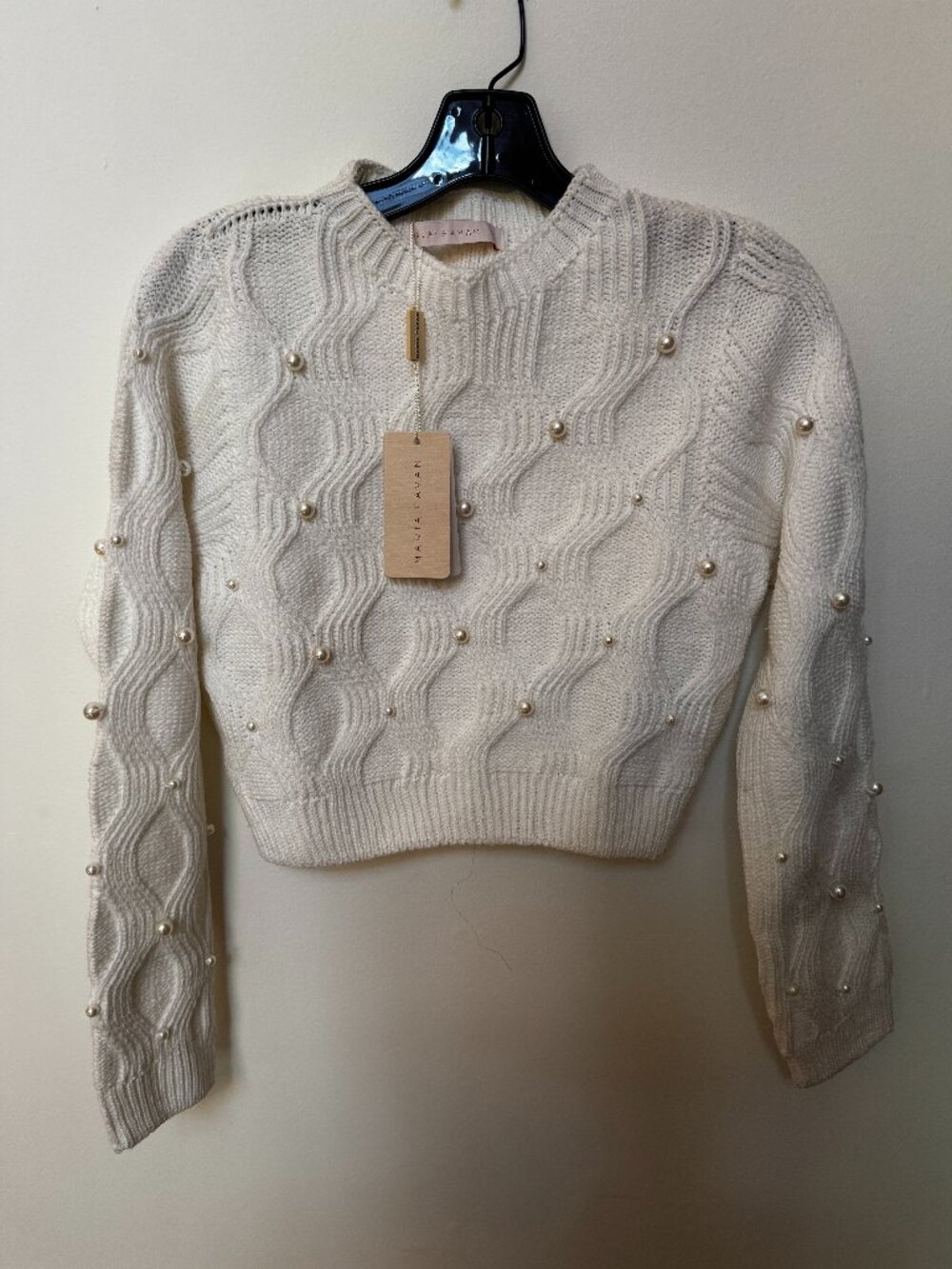 NWT Maria Pavan Women’s White Faux Pearl Embellished Sweater Long Sleeve